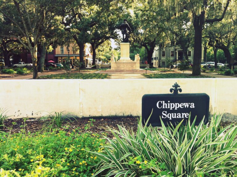 Chippewa Square in Savannah's Historic District under live oaks