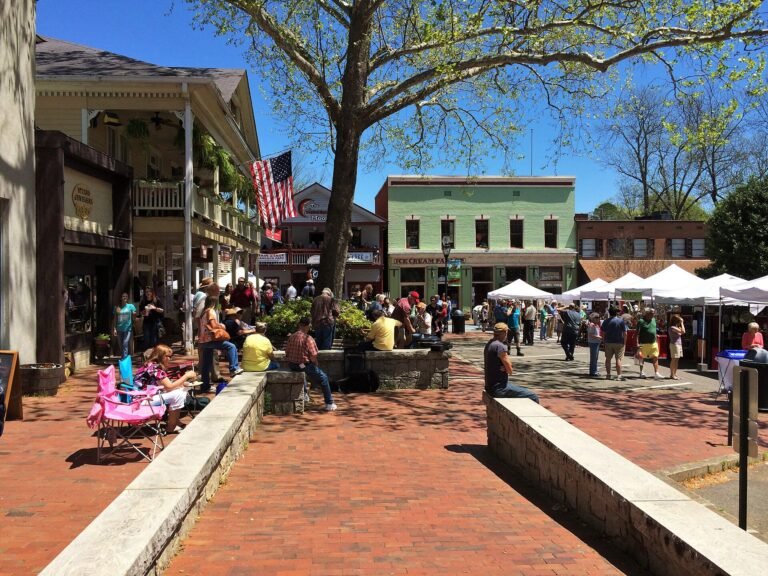 Historic downtown storefronts around Dahlonega, Georgia's public square