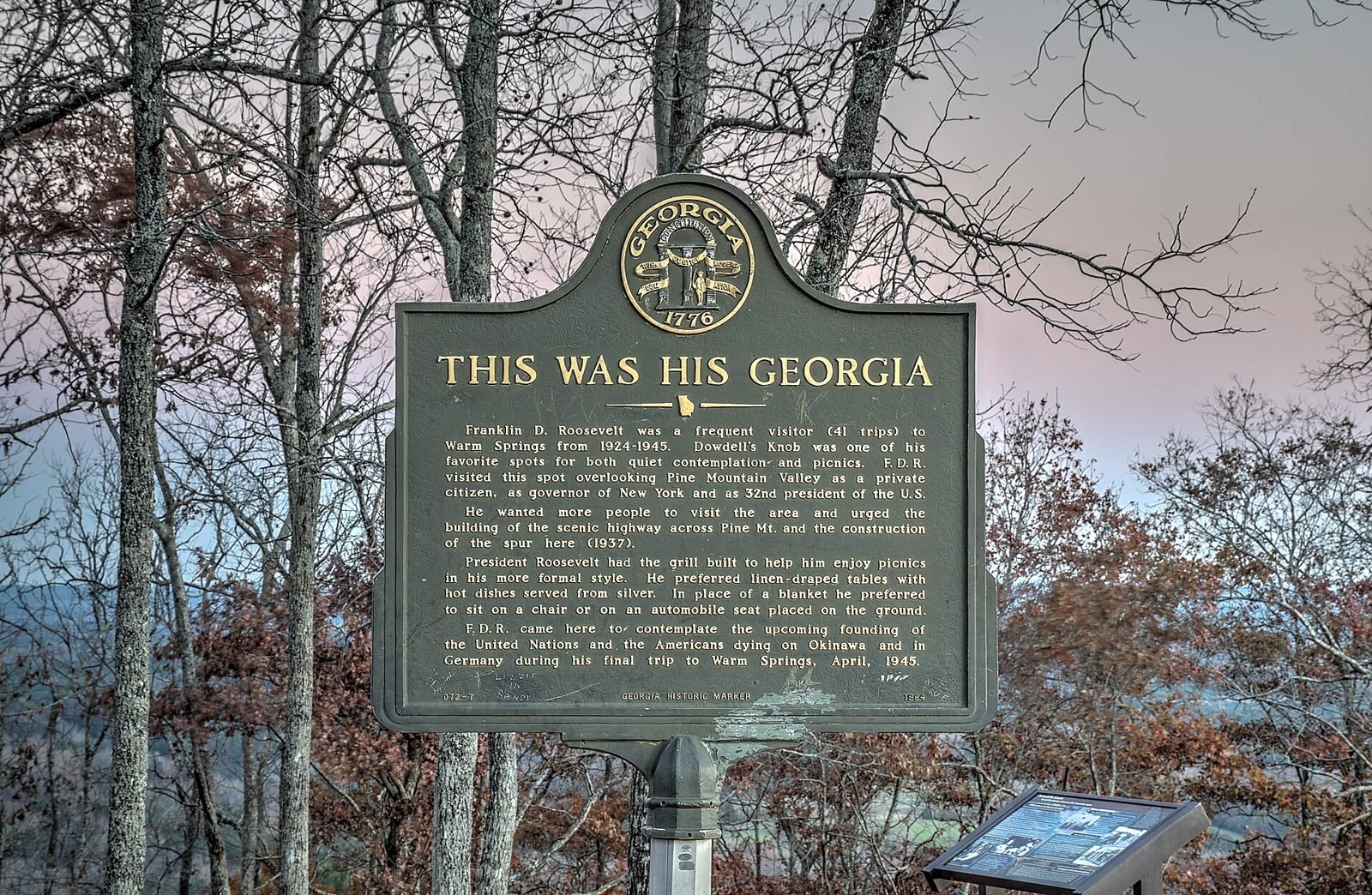 The Georgia historical marker "This Was His Georgia" at Dowdell Knob in F.D. Roosevelt State Park, about FDR's 41 trips to Warm Springs