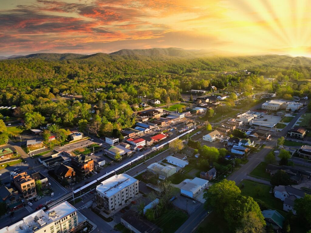 Shops and restaurants along Main Street in downtown Blue Ridge, GA