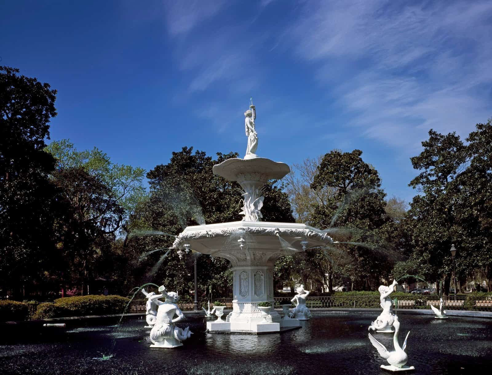 Forsyth Park's fountain in Savannah, Georgia, dyed green for St. Patrick's Day season