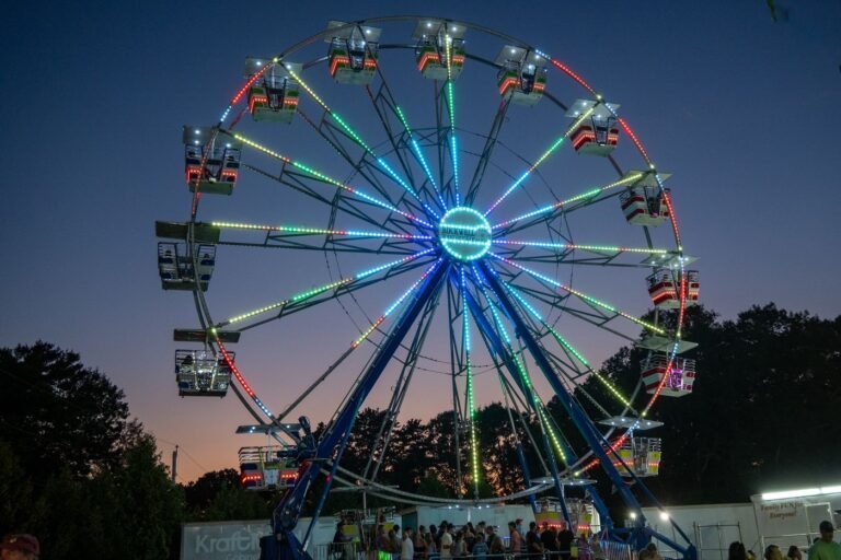 Colorful Ferris wheel lit up at night at a county fair, similar to rides at the Georgia National Fair in Perry