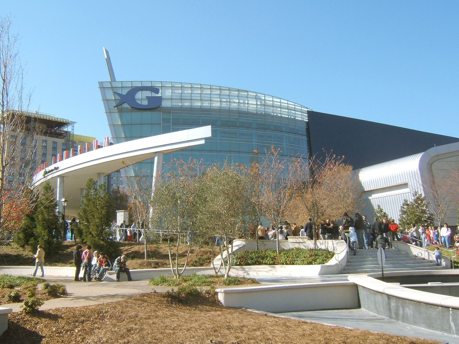 Exterior of the Georgia Aquarium building in downtown Atlanta near Centennial Olympic Park