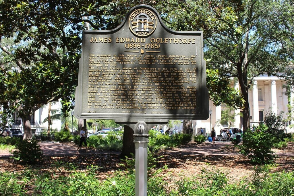 The Georgia historical marker for James Edward Oglethorpe in Chippewa Square, Savannah