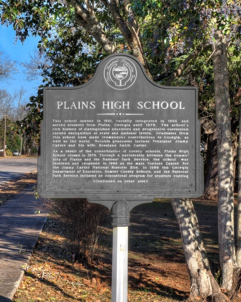 The Georgia historical marker for Plains High School in Plains, Georgia