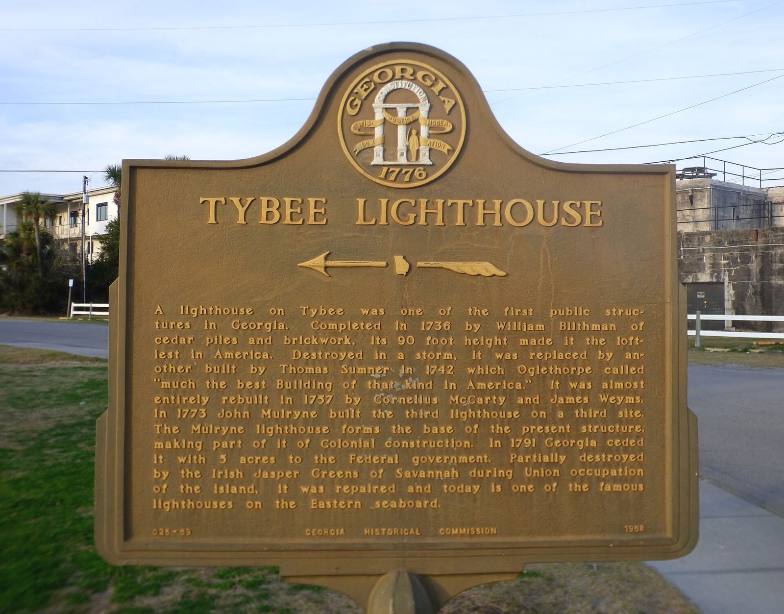 The Georgia Historical Commission marker for the Tybee Lighthouse on Meddin Drive, Tybee Island