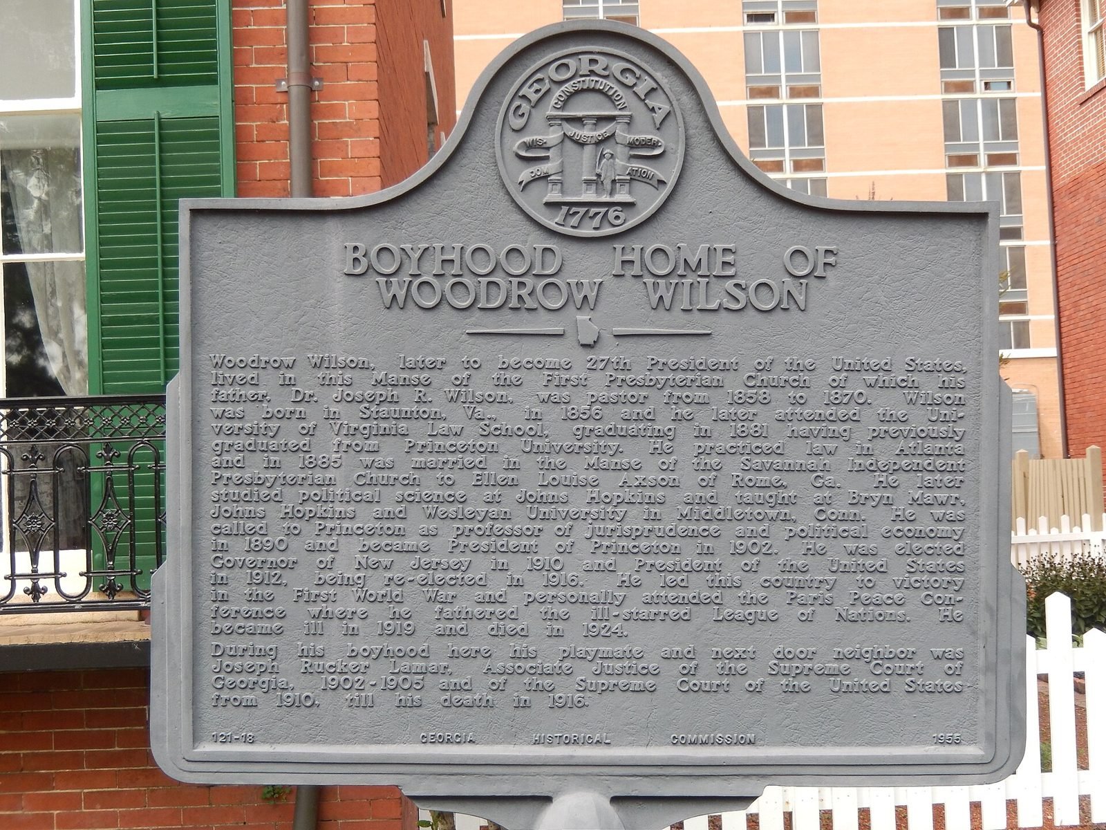 The Georgia historical marker for the Boyhood Home of Woodrow Wilson in Augusta