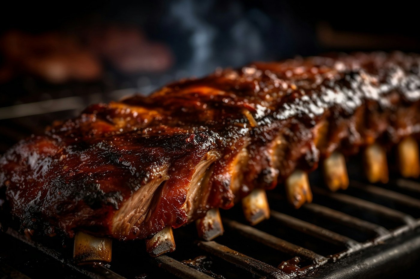 A rack of glazed barbecue ribs smoking on a grill