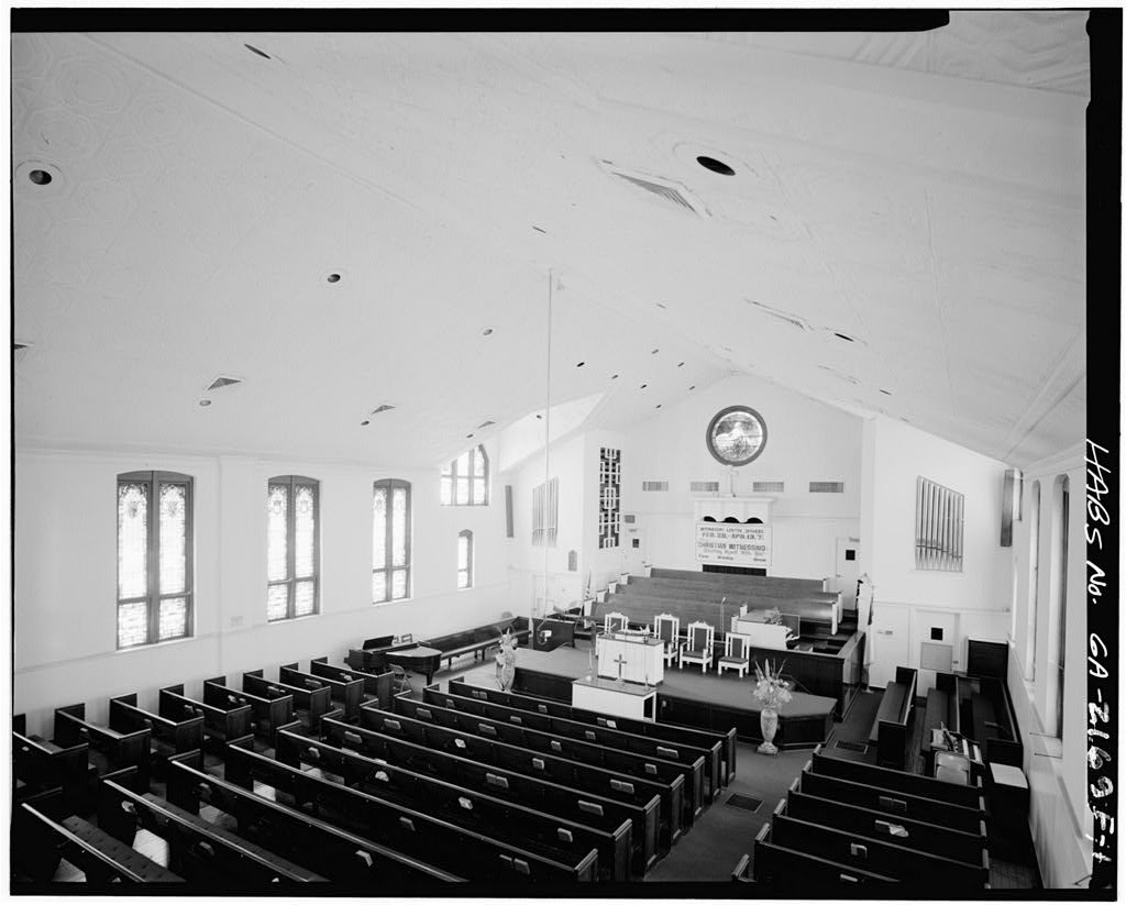 Interior of Ebenezer Baptist Church seen from the balcony toward the pulpit