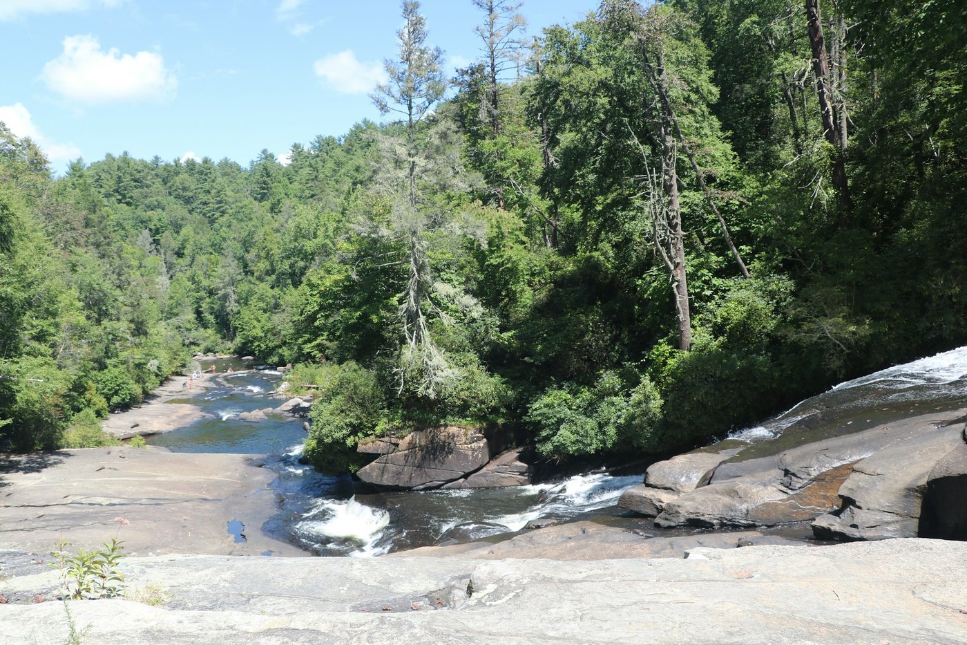 A forested river gorge with rushing water over broad granite rock slabs under a blue sky (illustrative photo, not in Georgia).