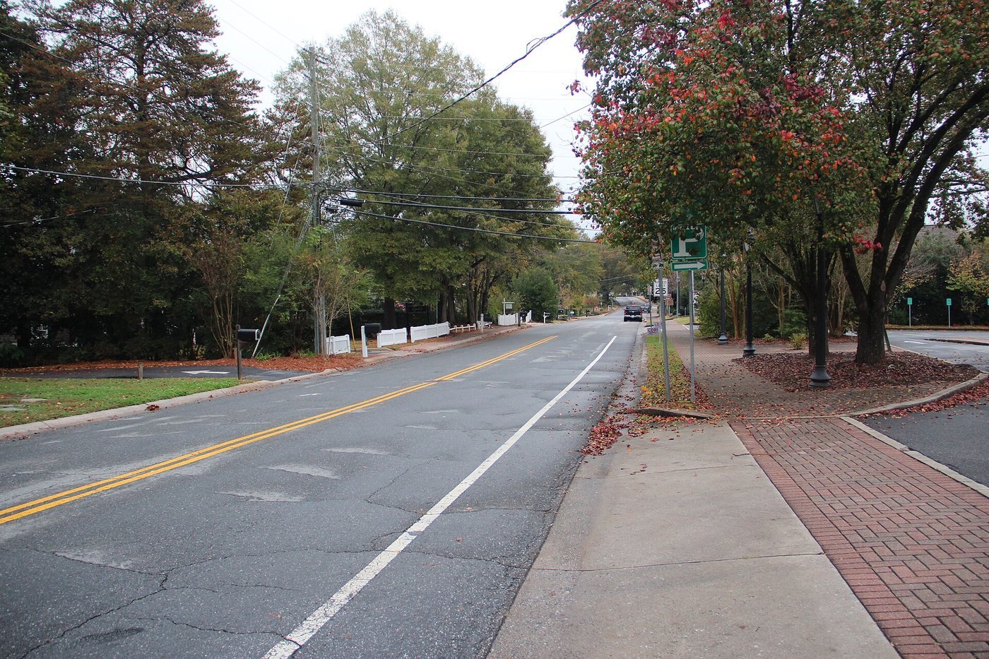A tree-lined residential street with a brick sidewalk in Roswell, Georgia, an Atlanta suburb.