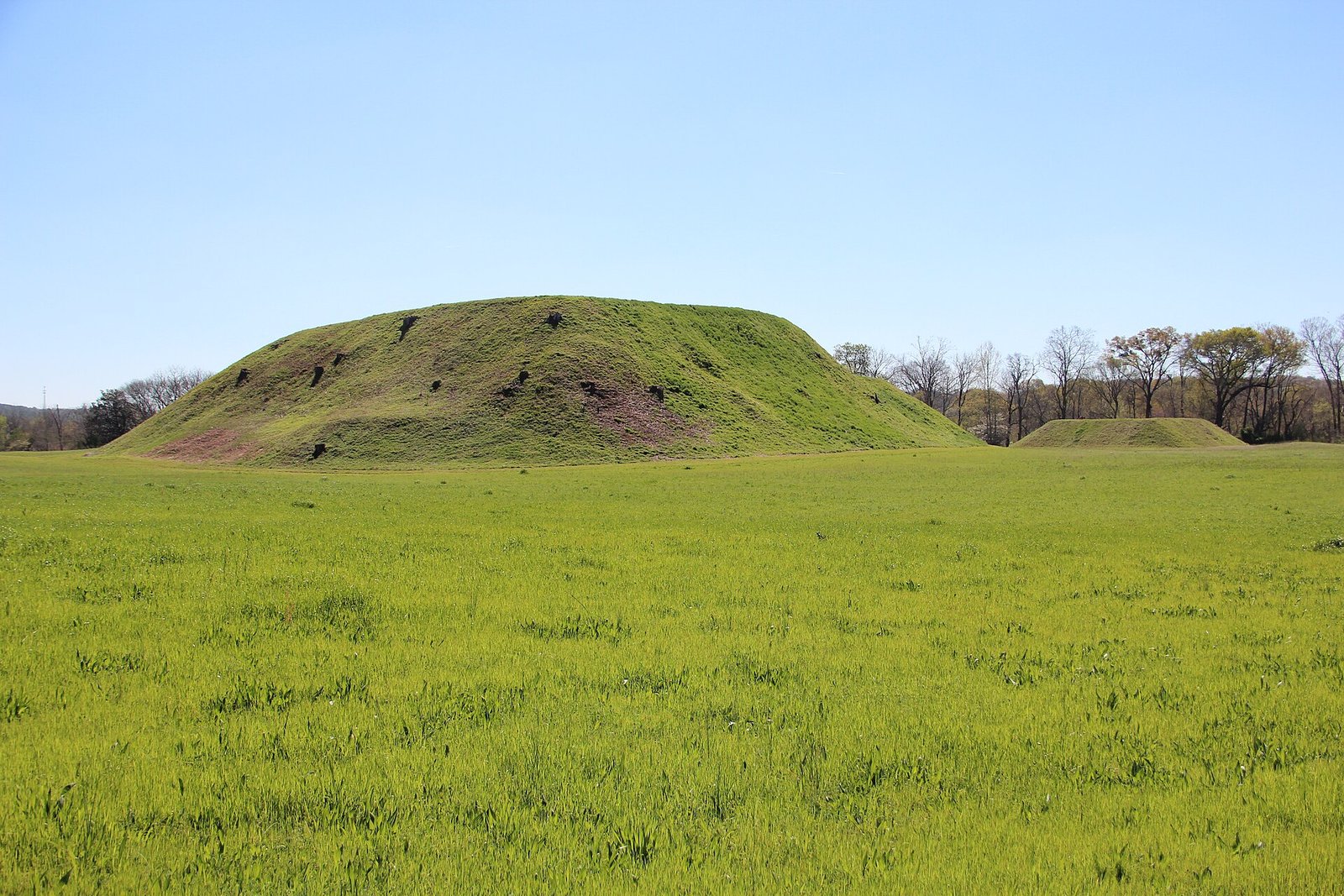 Grass-covered Mounds A and C at Etowah Indian Mounds State Historic Site in Cartersville, Georgia