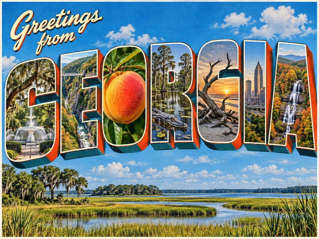 Vintage large-letter postcard reading Greetings from Georgia, with the Savannah Forsyth Park fountain, Tallulah Gorge, a Georgia peach, Okefenokee cypress and an alligator, Jekyll Island Driftwood Beach, the Atlanta skyline and Blue Ridge autumn falls inside the letters