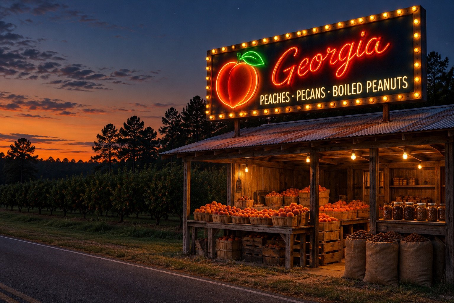 A roadside Georgia peach stand at dusk, with a bulb-lit neon Georgia peach sign on its tin roof