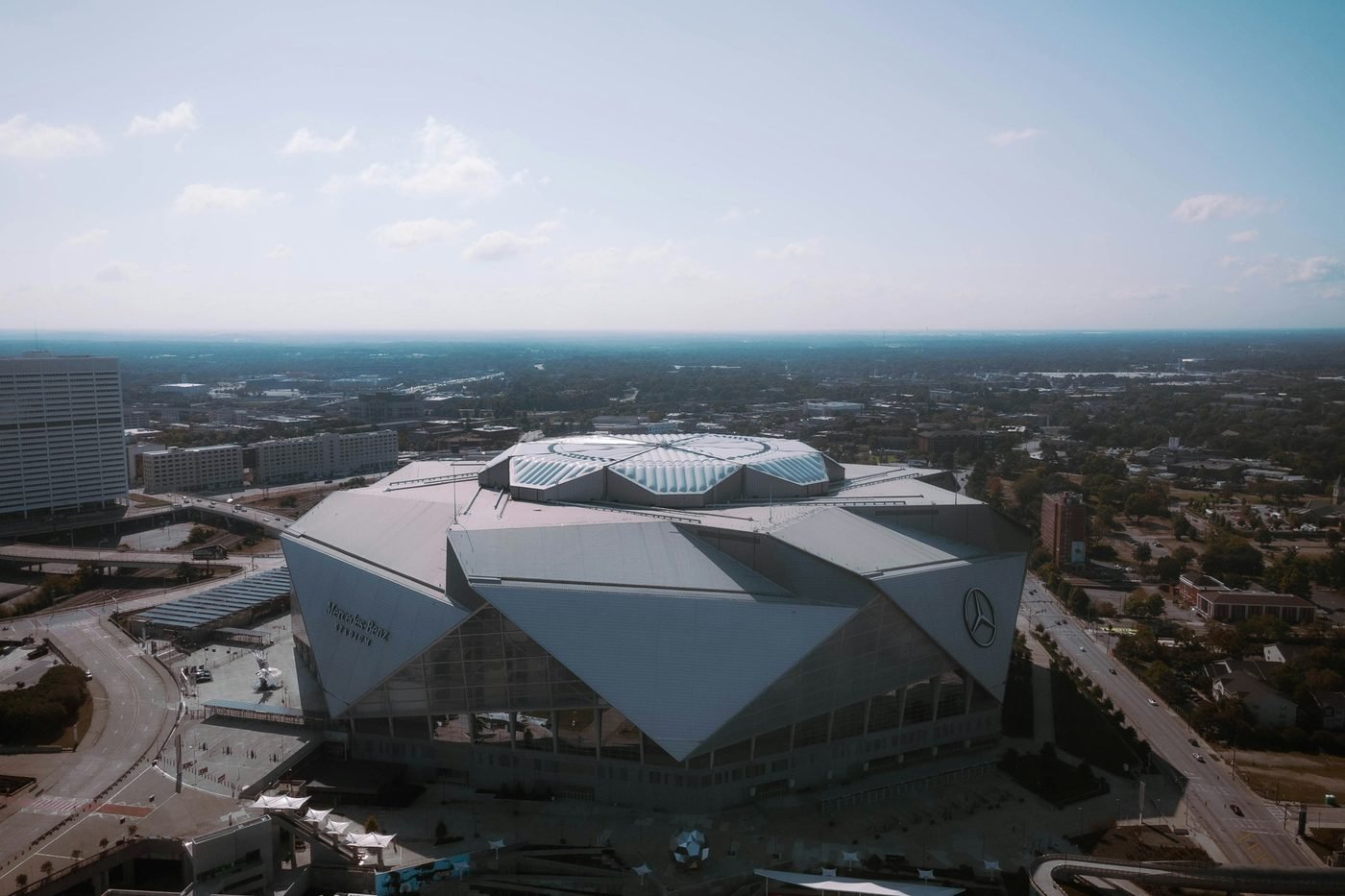 Aerial view of Mercedes-Benz Stadium in downtown Atlanta, home of the Cricket Celebration Bowl