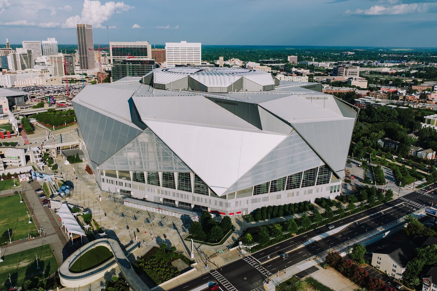 Aerial view of Mercedes-Benz Stadium and its plaza in downtown Atlanta, where Georgia plays Florida