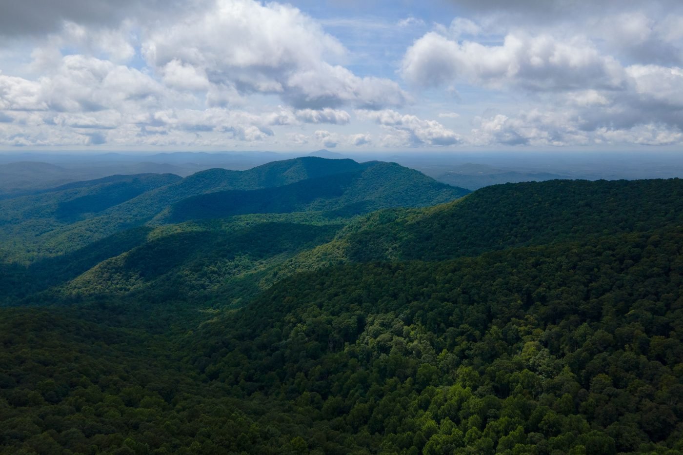 Forested Blue Ridge Mountains in North Georgia seen from the air near Suches